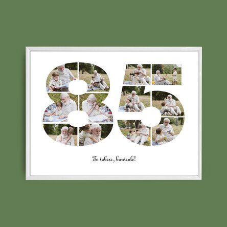 Personalised landscape canvas with 12 photos, model number 85, and text message