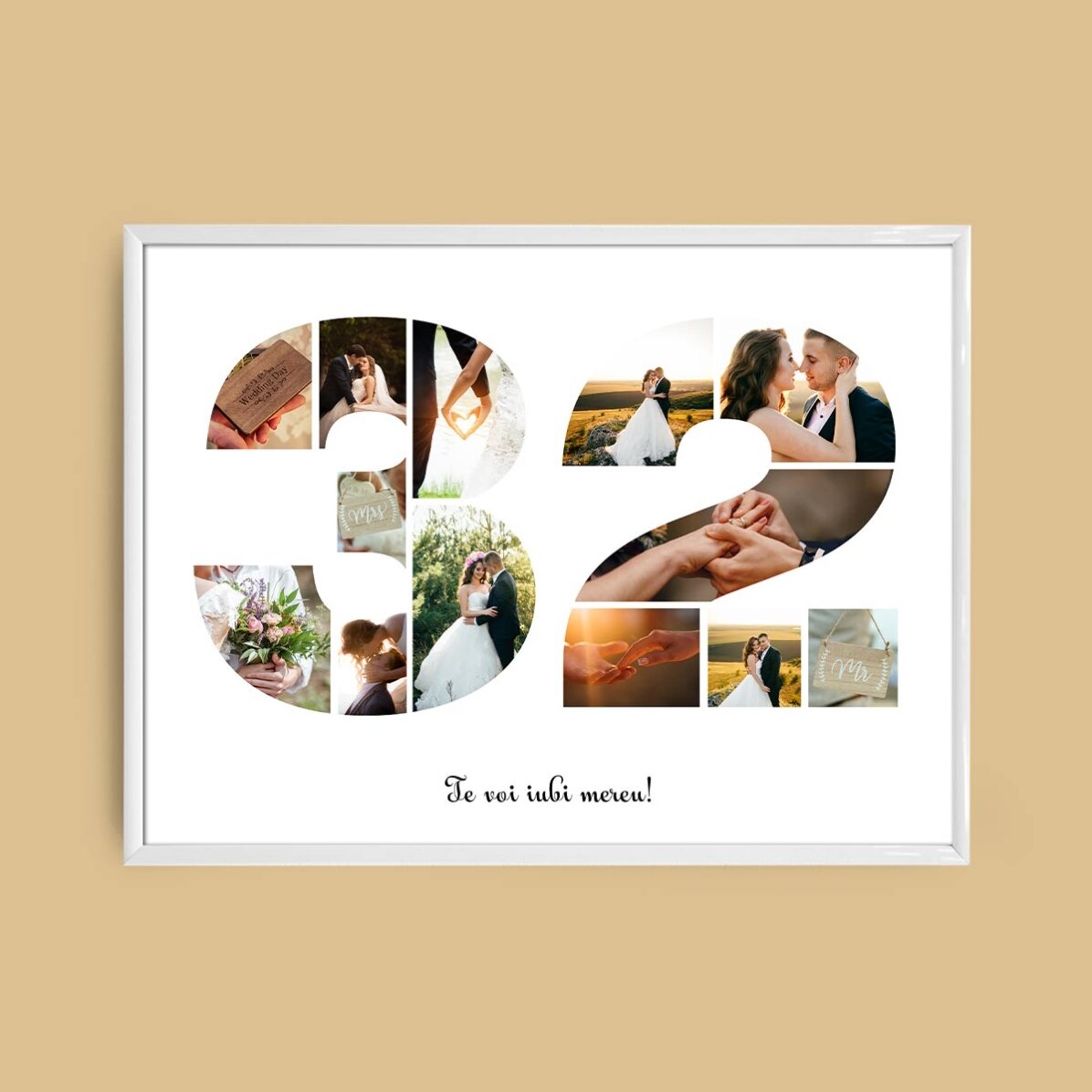 Personalised landscape canvas with 13 photos, model number 32, and text message