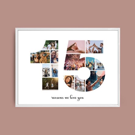 Personalised landscape canvas with 14 photos, model number 15 and text message