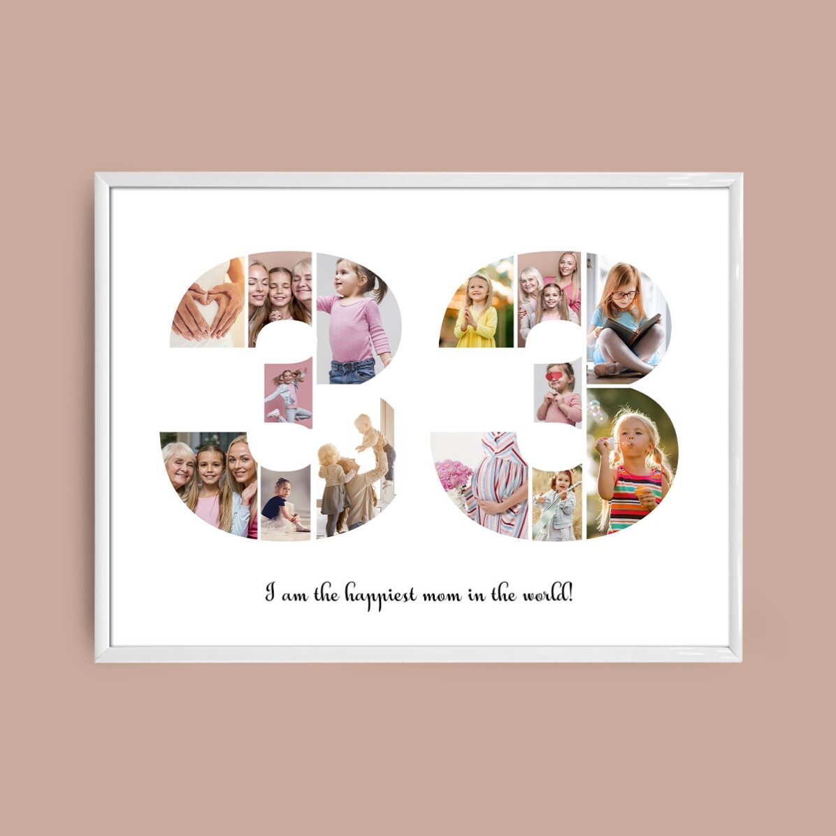 Personalised landscape canvas with 14 photos, model number 33, and text message