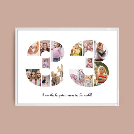 Personalised landscape canvas with 14 photos, model number 33, and text message