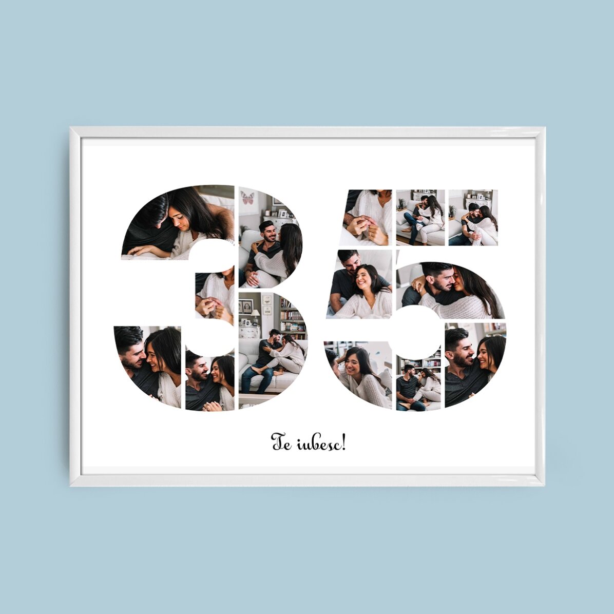 Personalised landscape canvas with 14 photos, model number 35, and text message