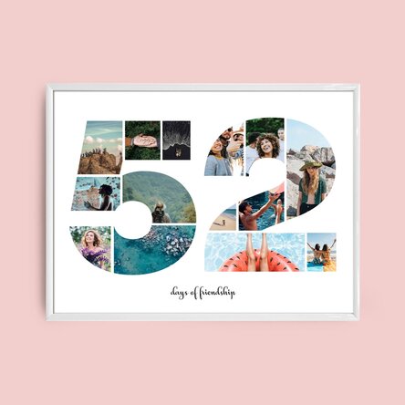 Personalised landscape canvas with 14 photos, model number 52, and text message