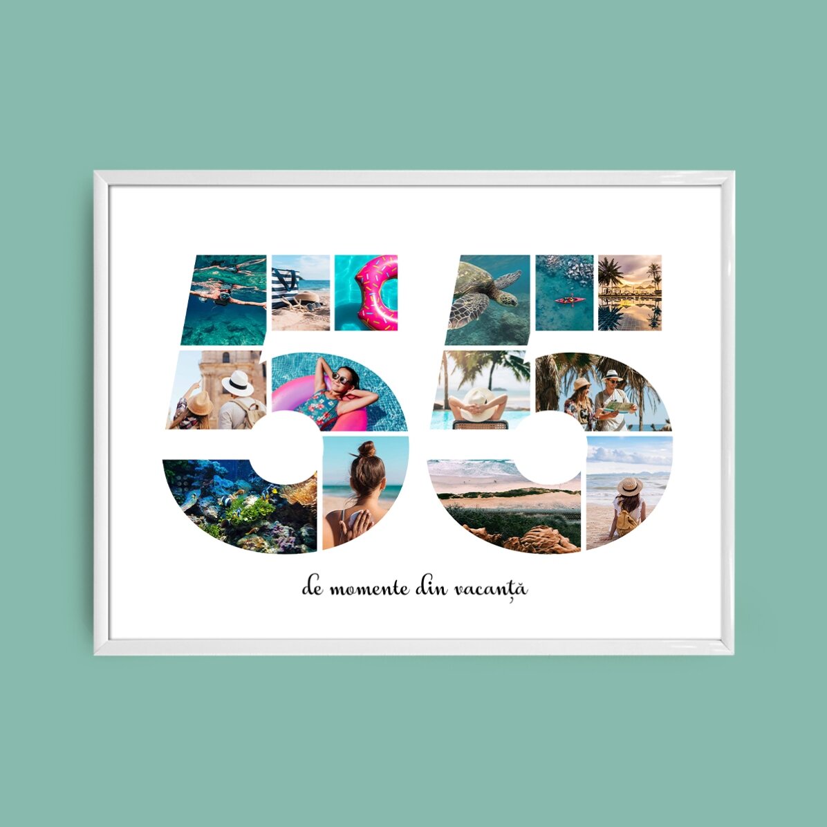 Personalised landscape canvas with 14 photos, model number 55, and text message