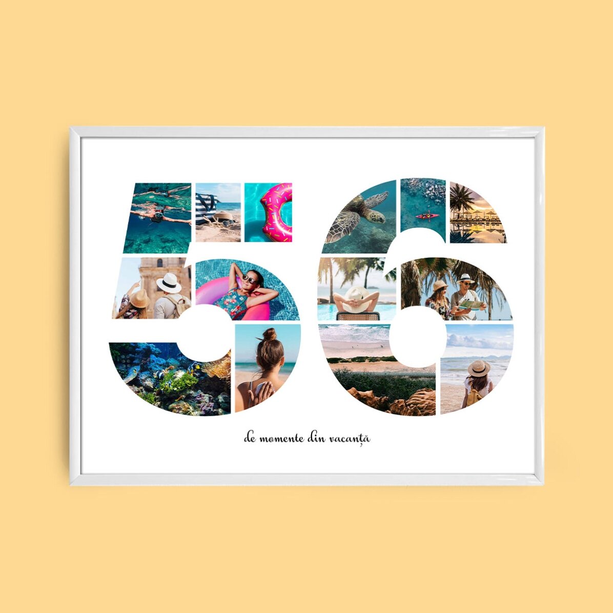 Personalised landscape canvas with 14 photos, model number 56, and text message