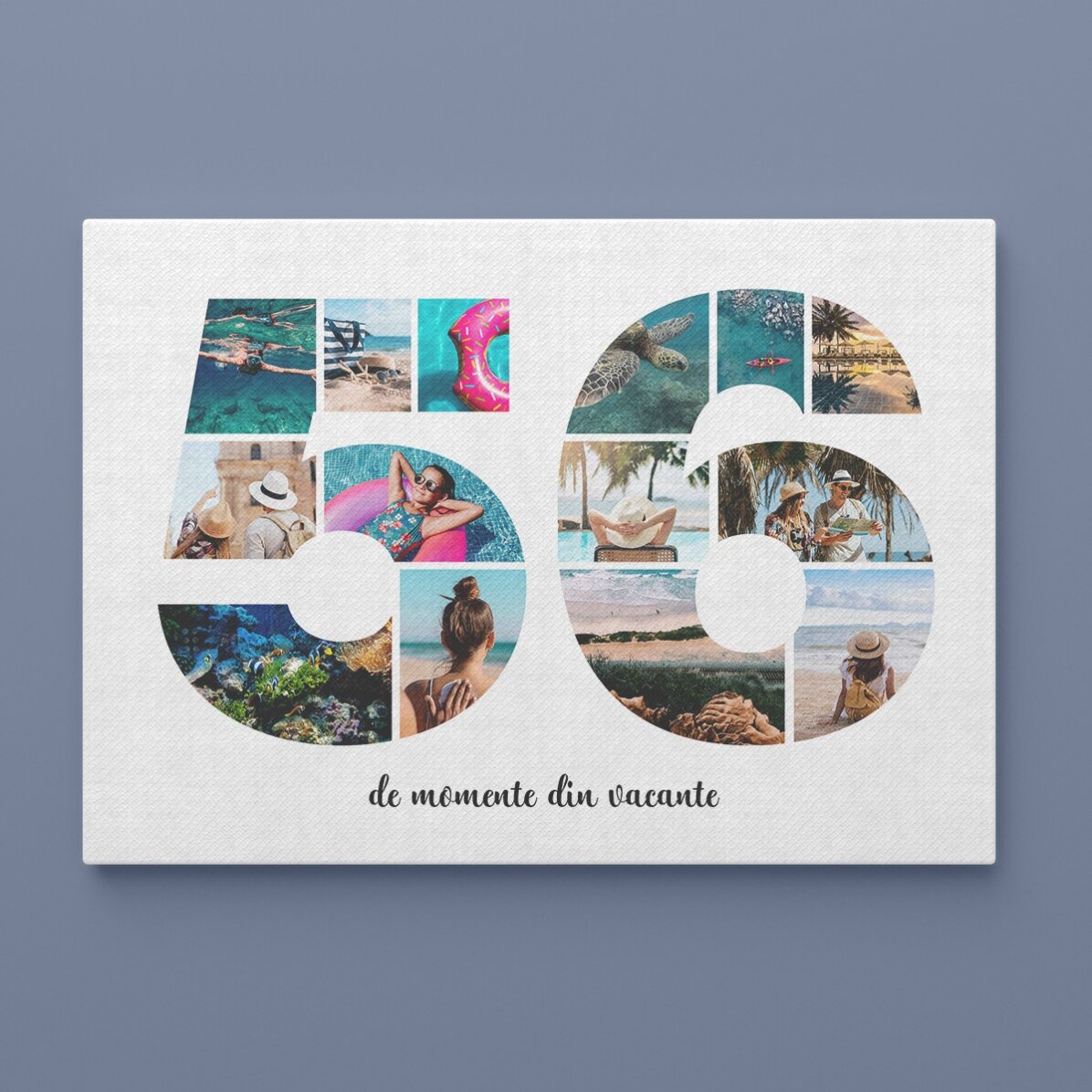 Personalised landscape canvas with 14 photos, model number 56, and text message