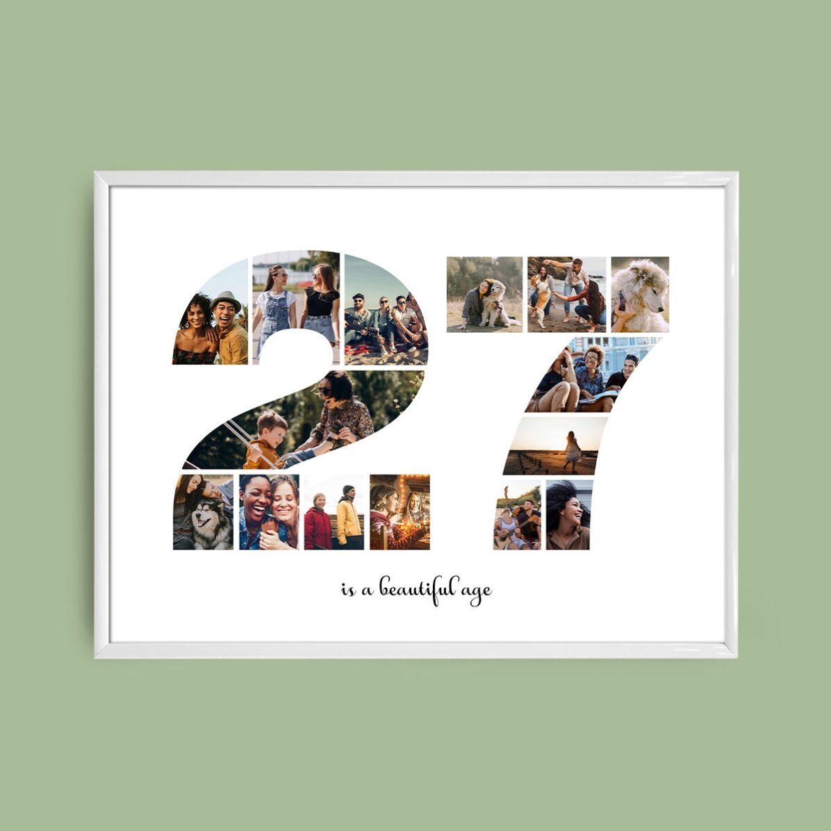 Personalised landscape canvas with 15 photos, model number 27, and text message