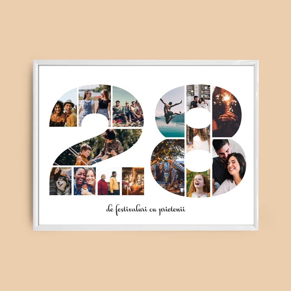 Personalised landscape canvas with 15 photos, model number 28, and text message