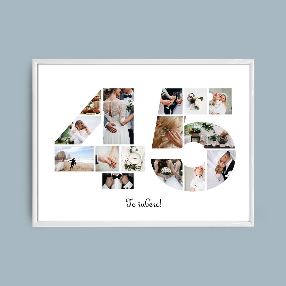 Personalised landscape canvas with 15 photos, model number 45, and text message