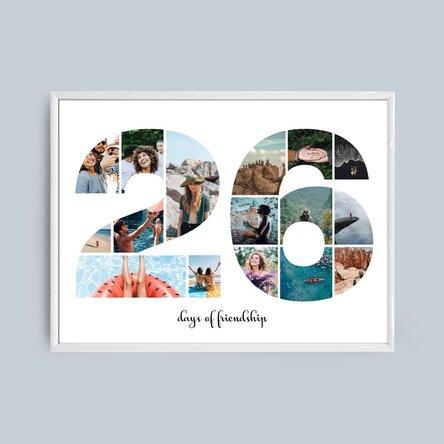 Personalised landscape canvas with 16 photos, model number 26, and text message