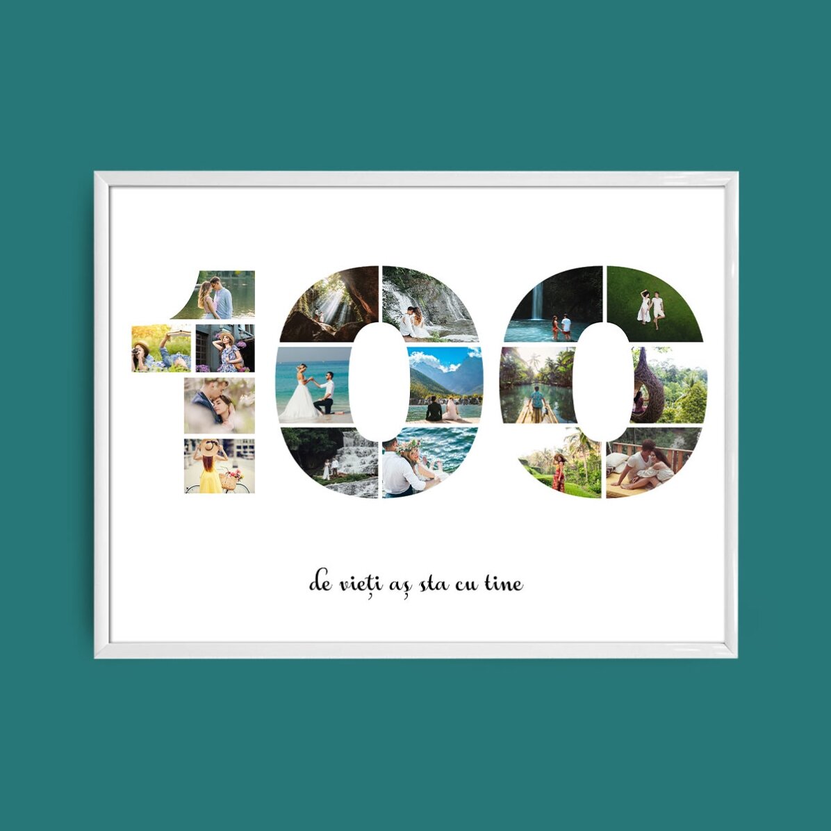 Personalised landscape canvas with 17 photos, model number 100 and text message