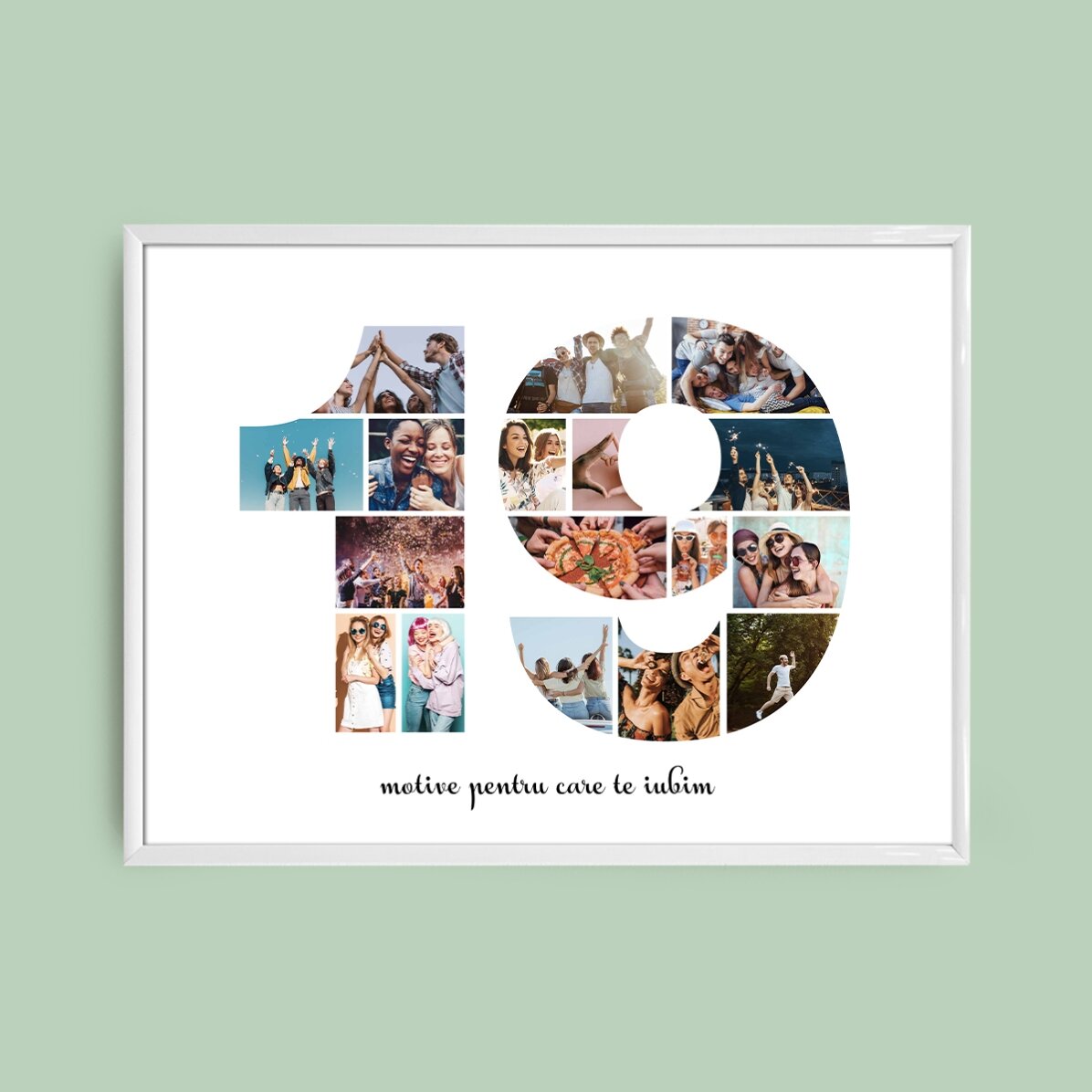 Personalised landscape canvas with 17 photos, model number 19 and text message