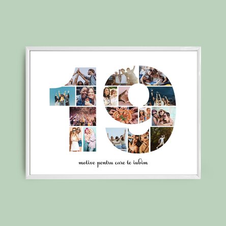 Personalised landscape canvas with 17 photos, model number 19 and text message