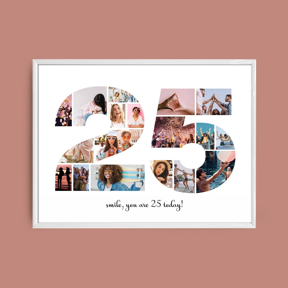 Personalised landscape canvas with 18 photos, model number 25, and text message