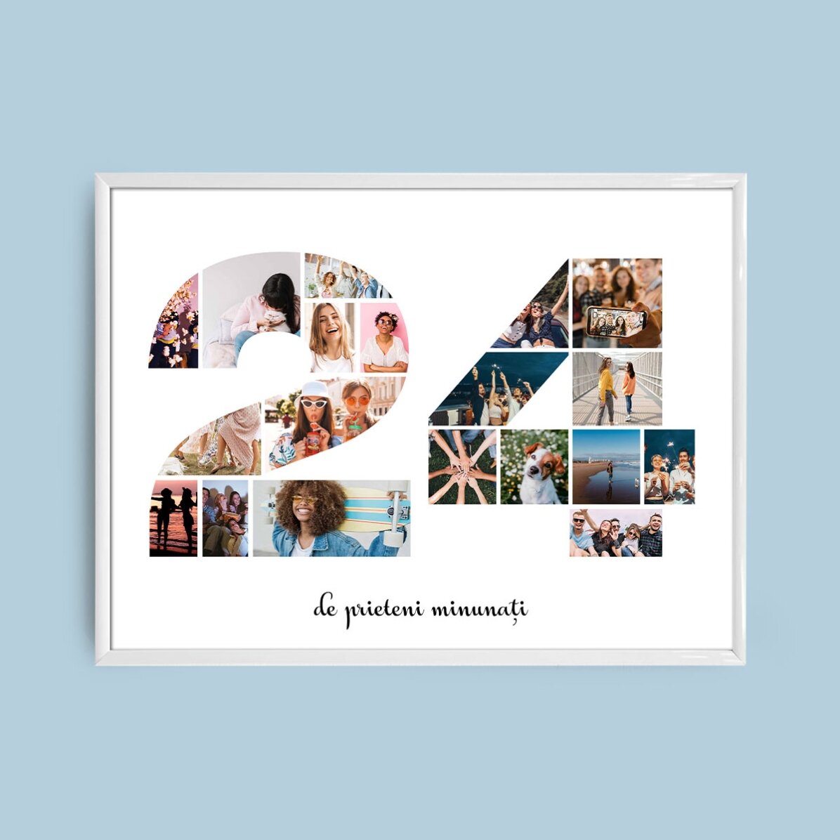 Personalised landscape picture frame with 19 photos, model number 24, and text message