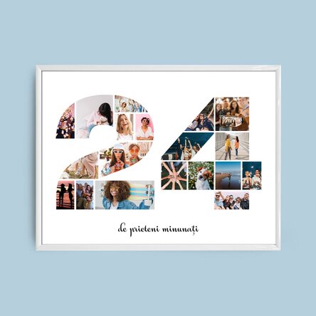 Personalised landscape picture frame with 19 photos, model number 24, and text message