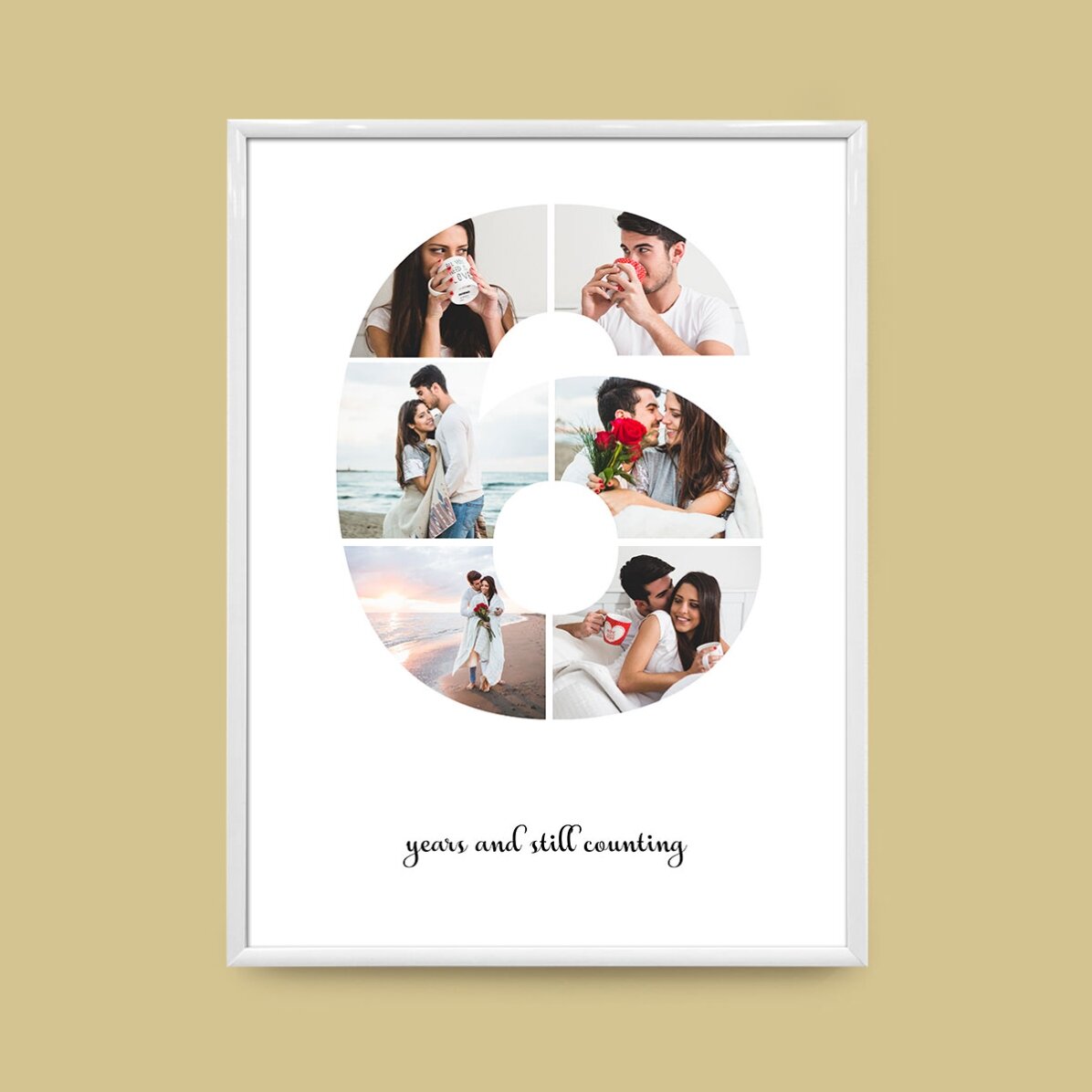 Personalised canvas with 6 photos, model number 6, and text message