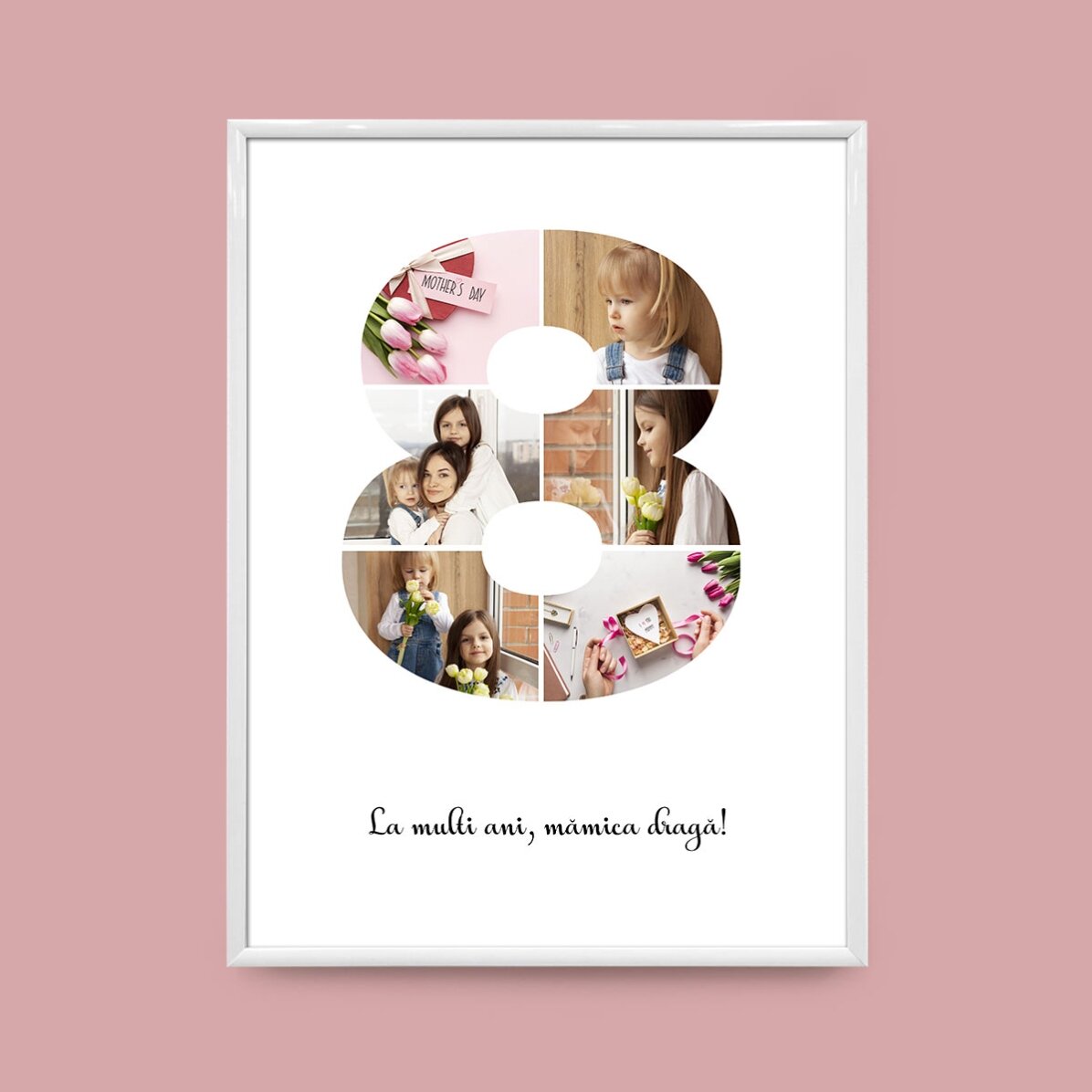 Personalised canvas with 6 photos, model number 8, and text message