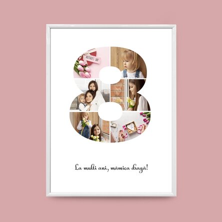 Personalised canvas with 6 photos, model number 8, and text message