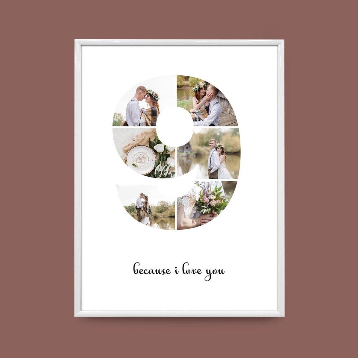 Personalised canvas with 6 photos, model number 9, and text message