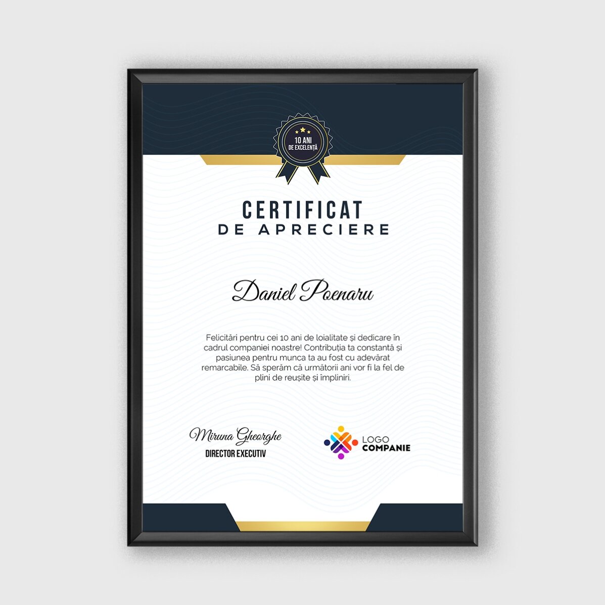 Tablou personalizat cu logo și text - Certificat de apreciere
