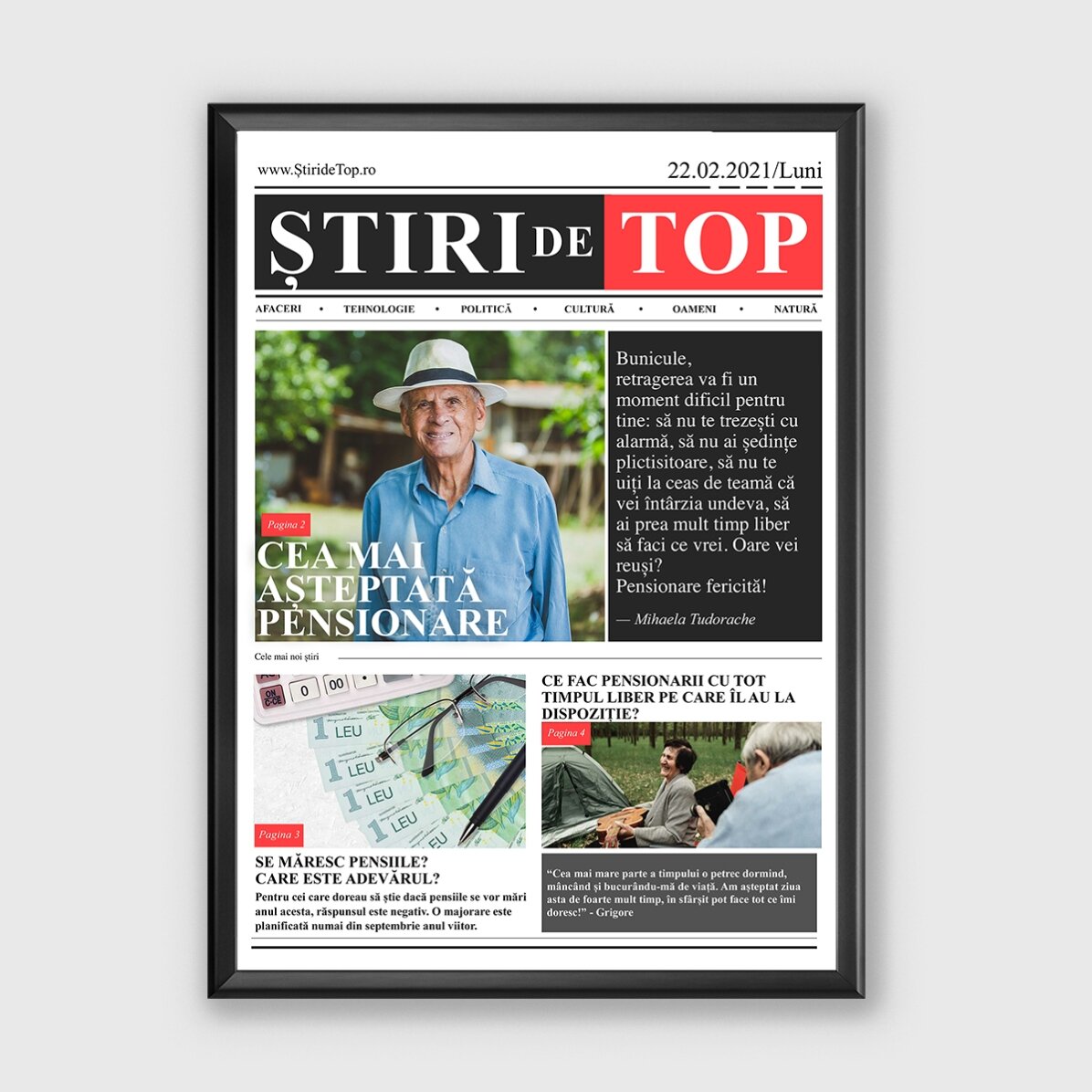 Tablou personalizat cu o poză și text - Pensionarea, știrea zilei