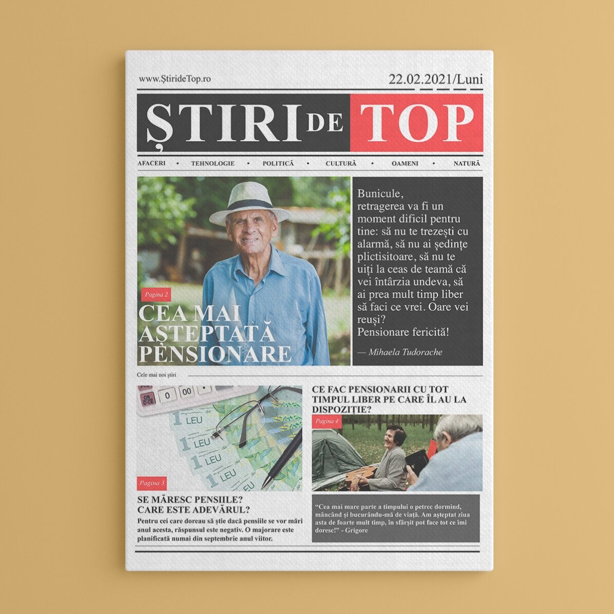 Tablou personalizat cu o poză și text - Pensionarea, știrea zilei