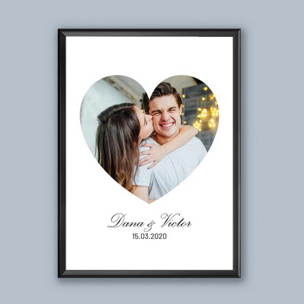 Tablou personalizat cu poză în formă de inimă și text - Te iubesc! 