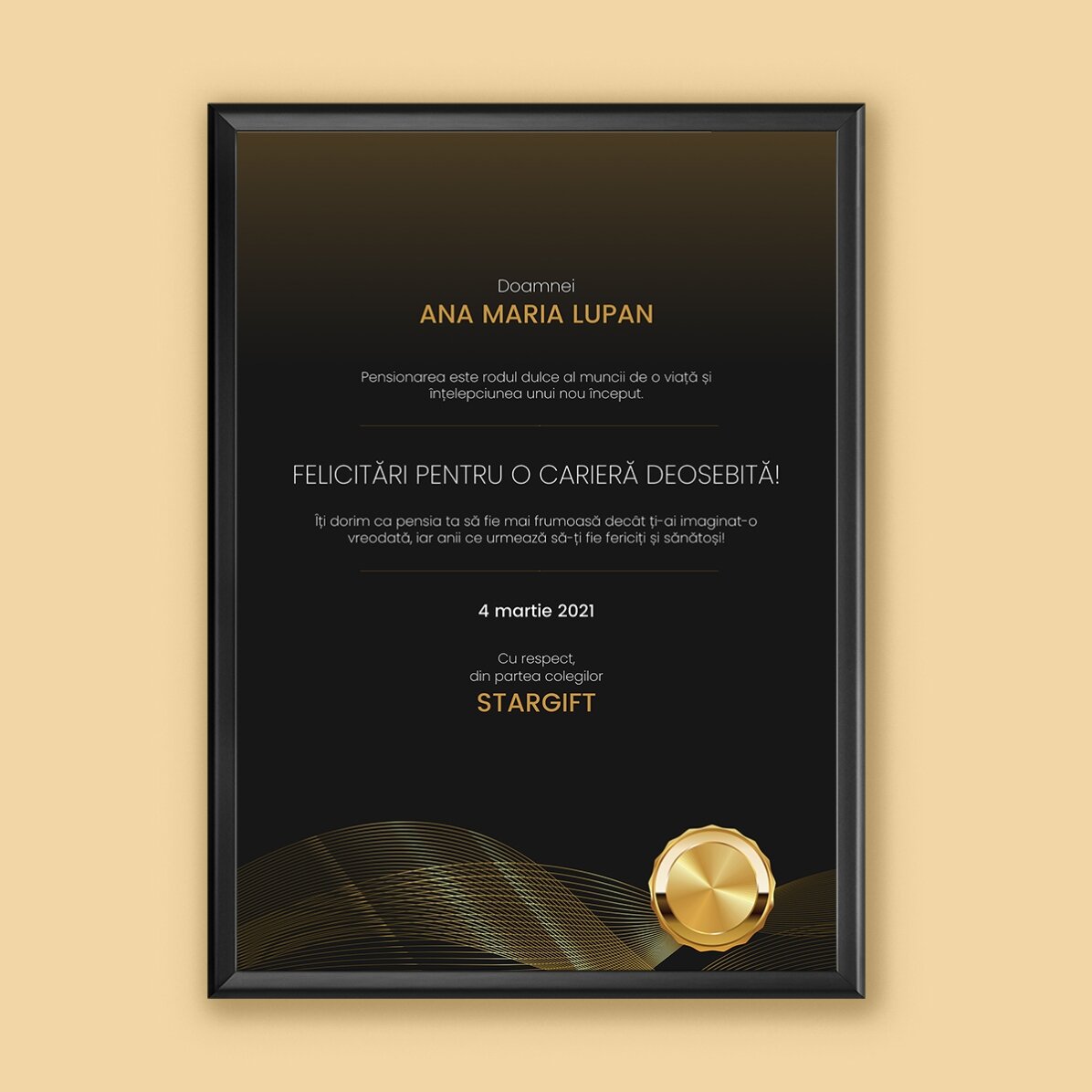 Tablou personalizat cu text - Mesaj pentru pensionare