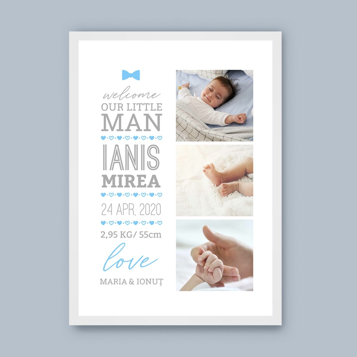 Tablou personalizat cu text și 3 poze - Hello, baby (Băiat)