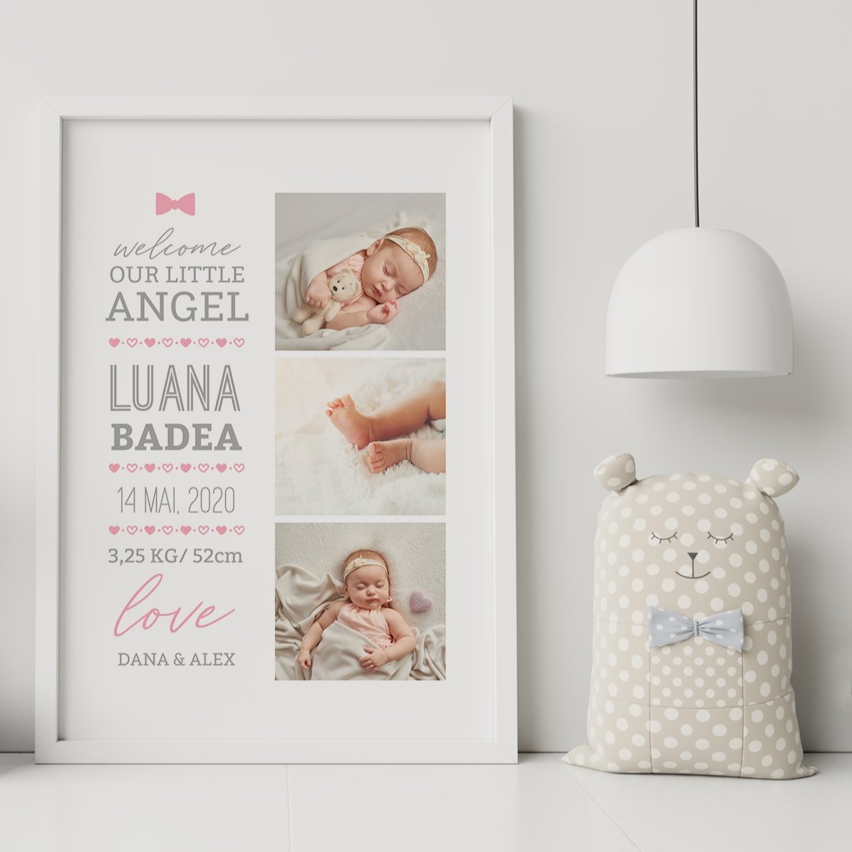 Tablou personalizat cu text și 3 poze - Hello, baby (Fată)