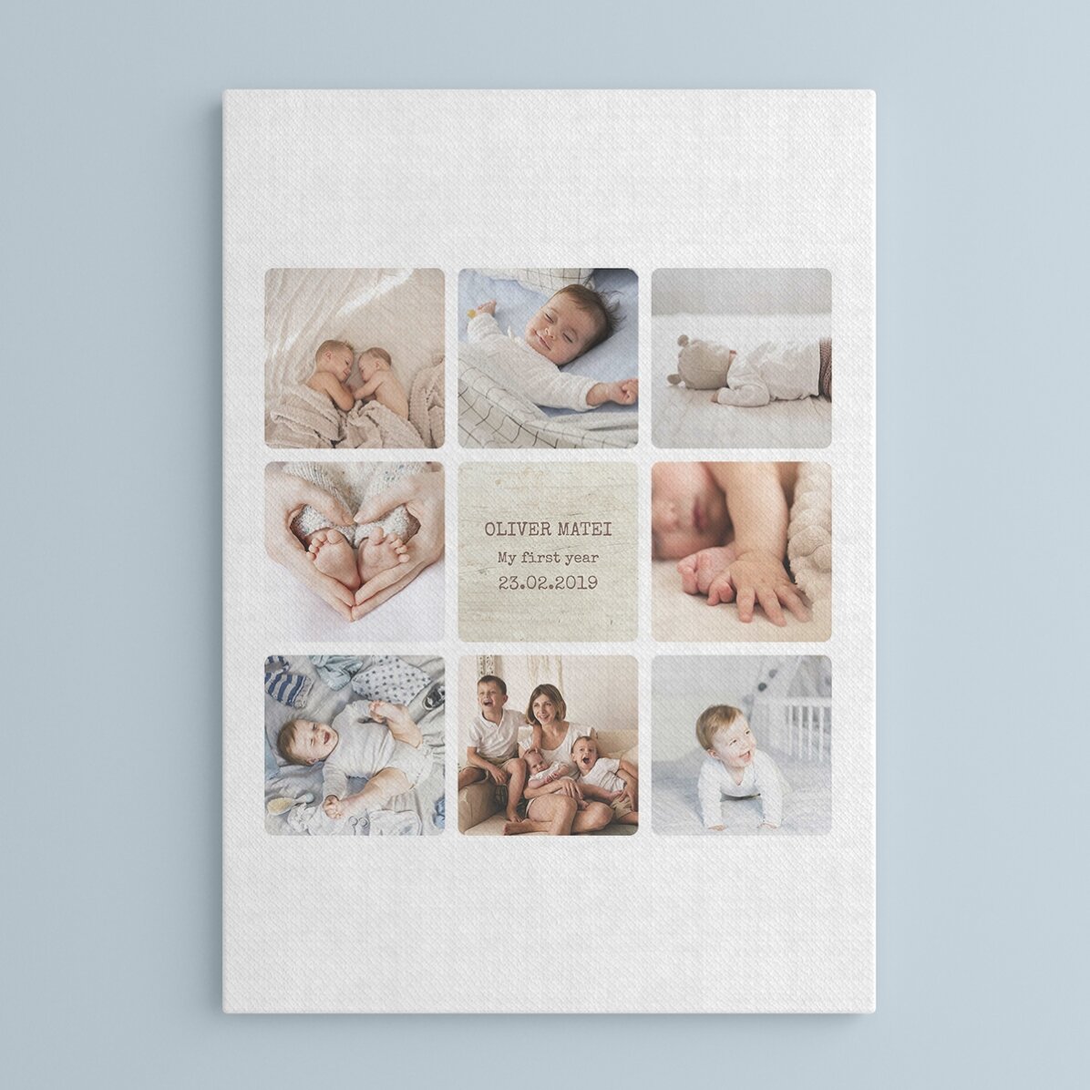 Personalised canvas with text and 8 photos - Baby
