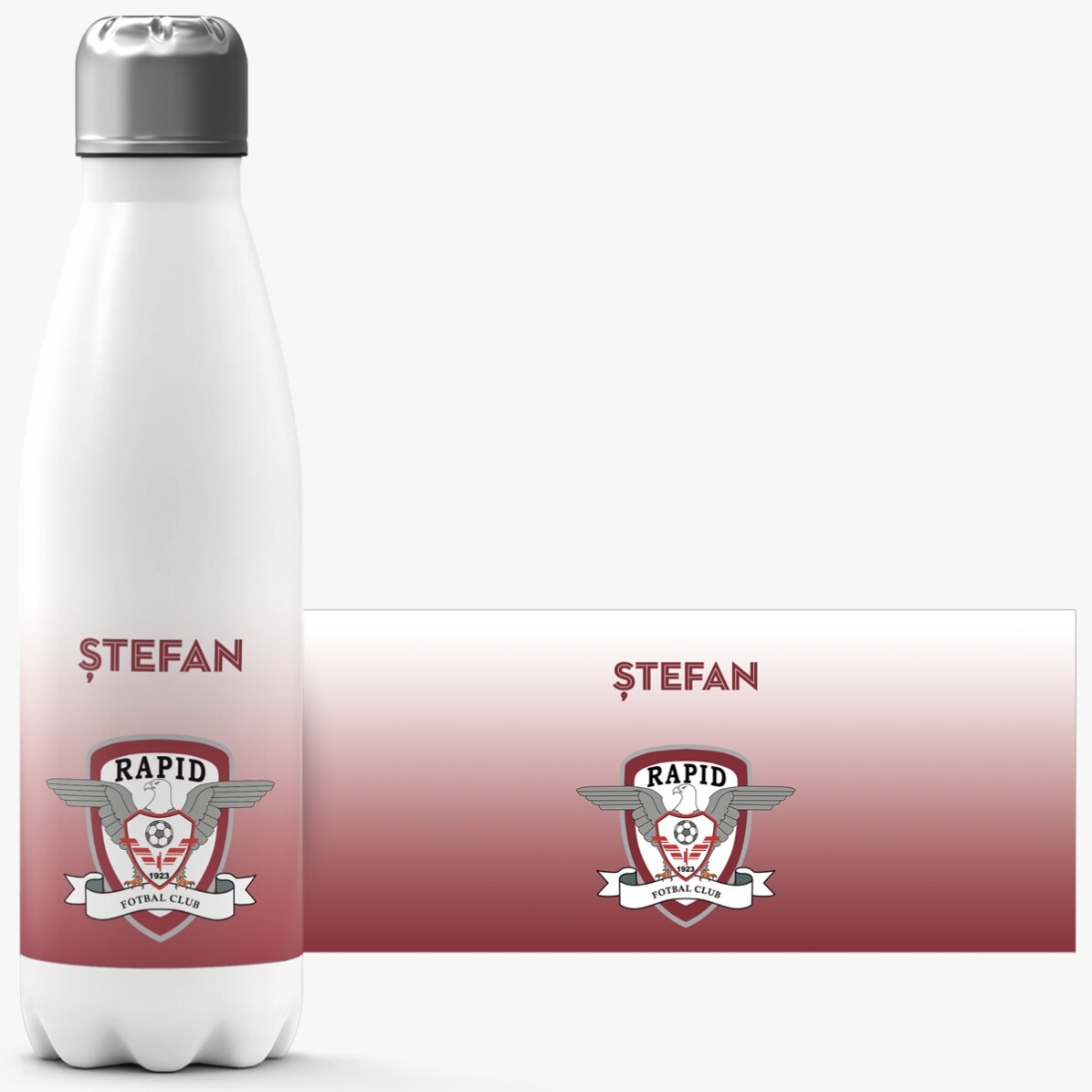 Termos cu bază albă FC Rapid personalizat cu nume și logo