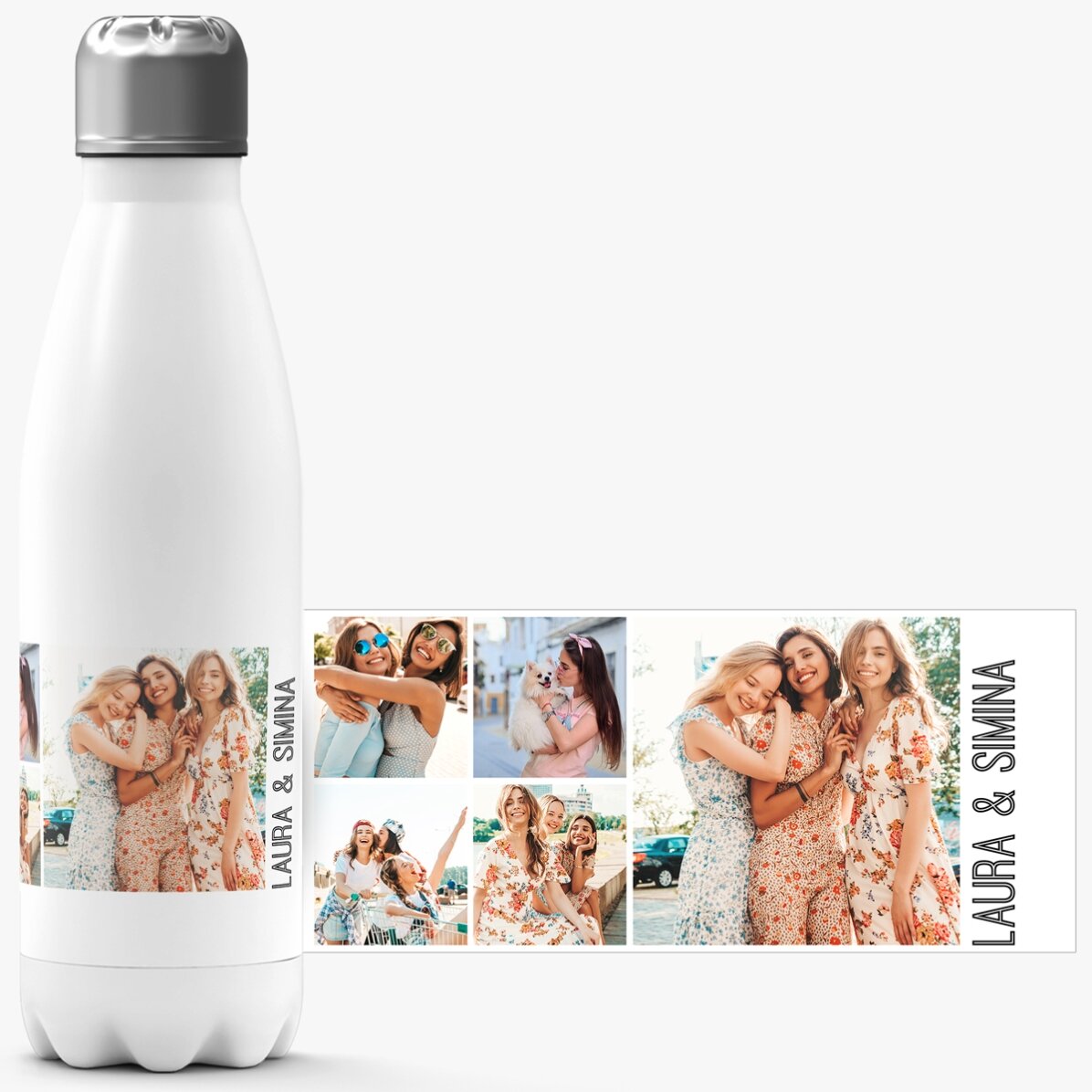 Termos cu bază albă personalizat cu 5 poze și text 
