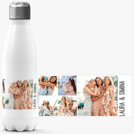 Termos cu bază albă personalizat cu 5 poze și text 