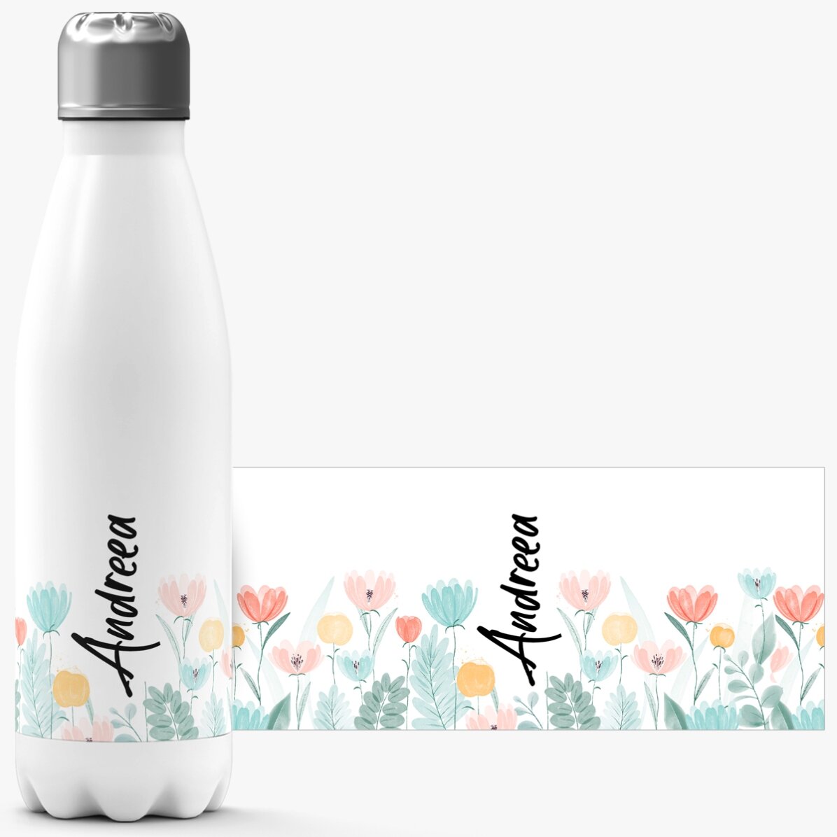 Termos cu bază albă personalizat cu nume - Flori