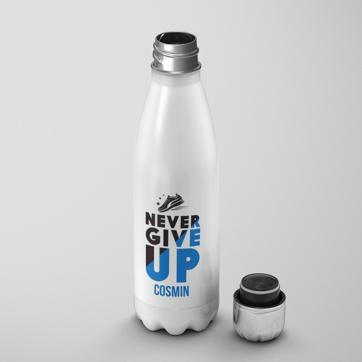 Termos cu bază albă personalizat cu nume - Never give up