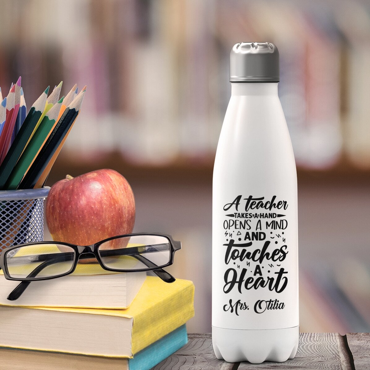 Termos cu bază albă personalizat cu nume pentru profesori - Touch a heart