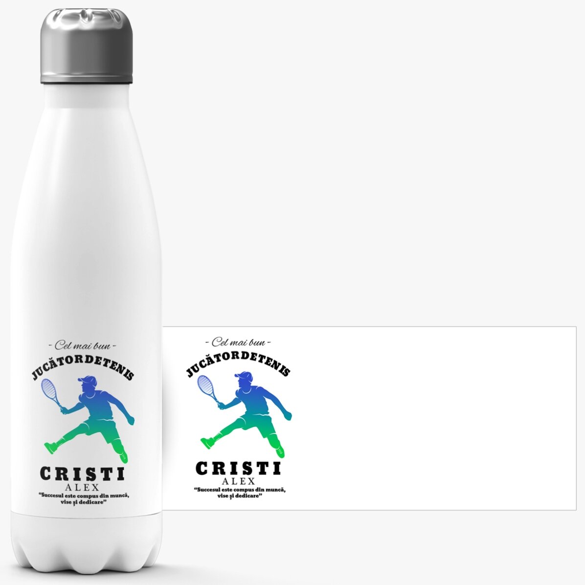 Termos cu bază albă personalizat cu nume și text - Jucător de tenis