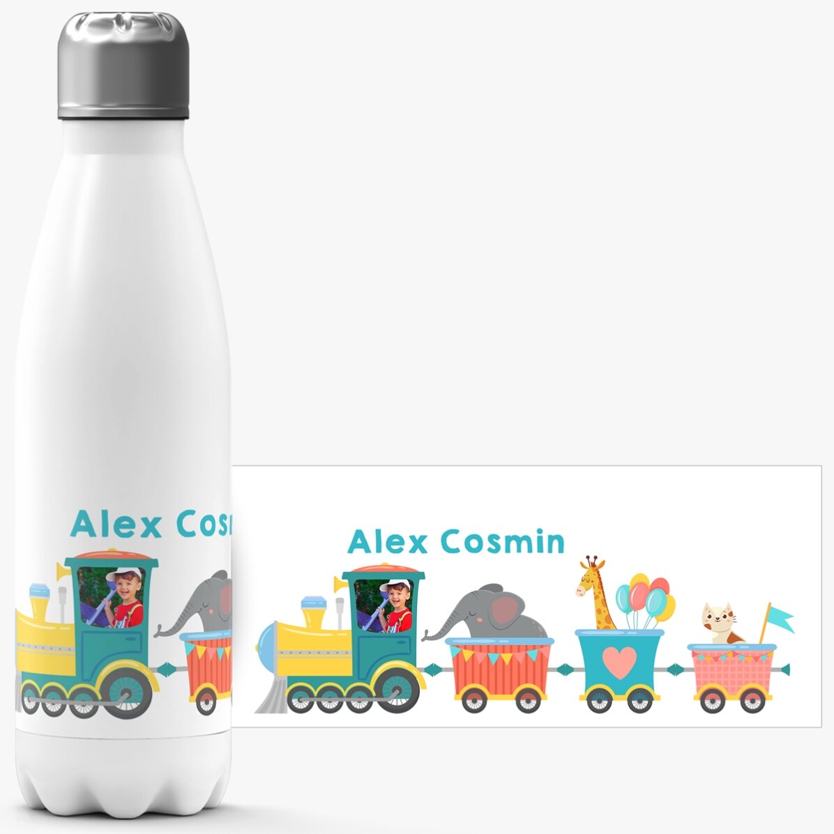 Termos cu bază albă personalizat cu nume - Trenuleț