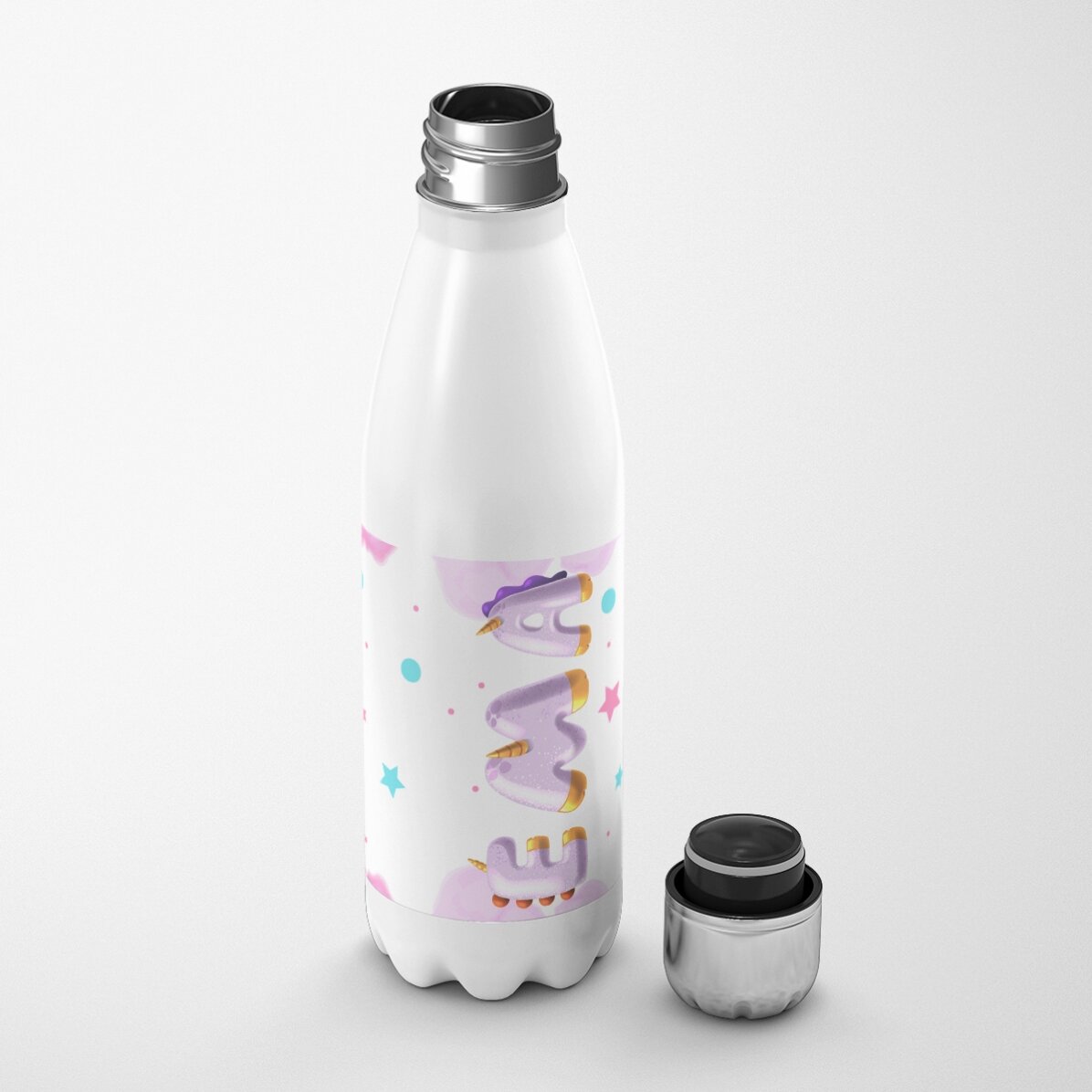 Termos cu bază albă personalizat cu nume - Unicorn special