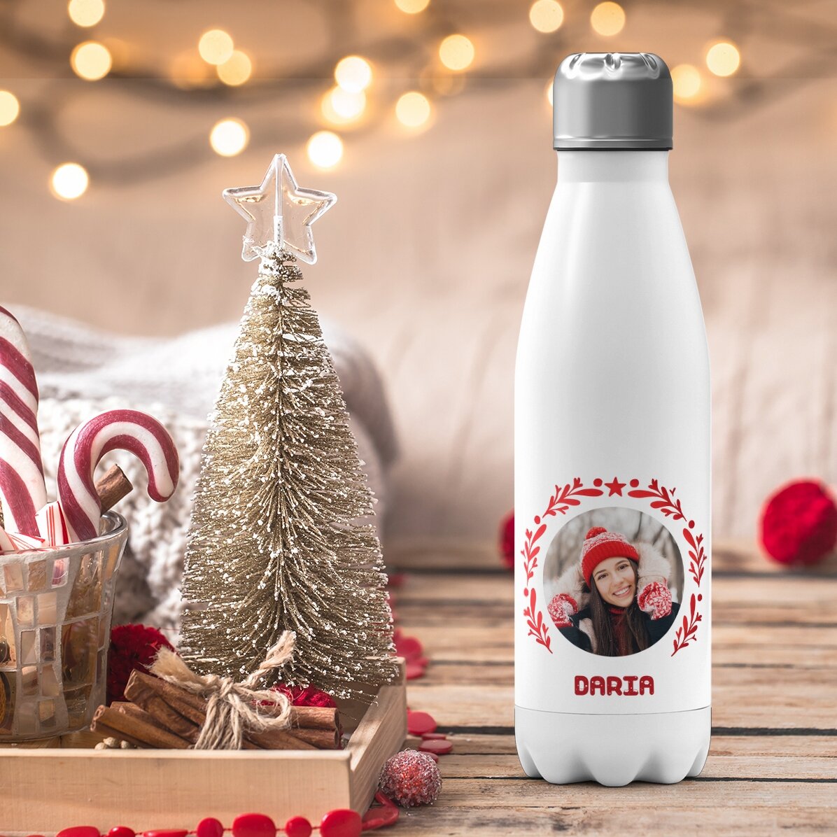Termos cu bază albă personalizat cu poză și text - model Crăciun