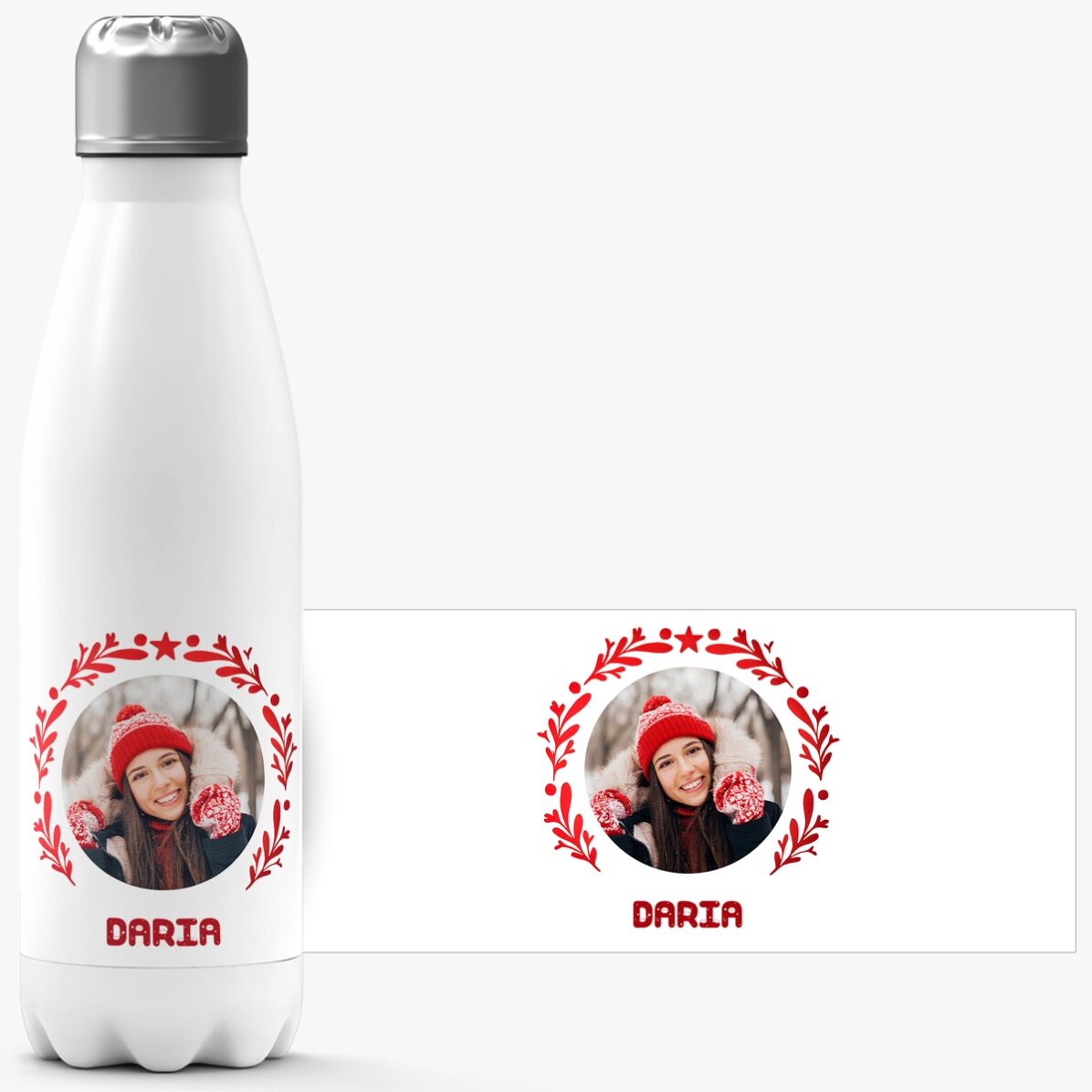 Termos cu bază albă personalizat cu poză și text - model Crăciun