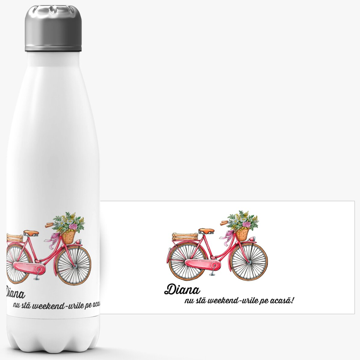 Termos cu bază albă personalizat cu text - model bicicletă retro
