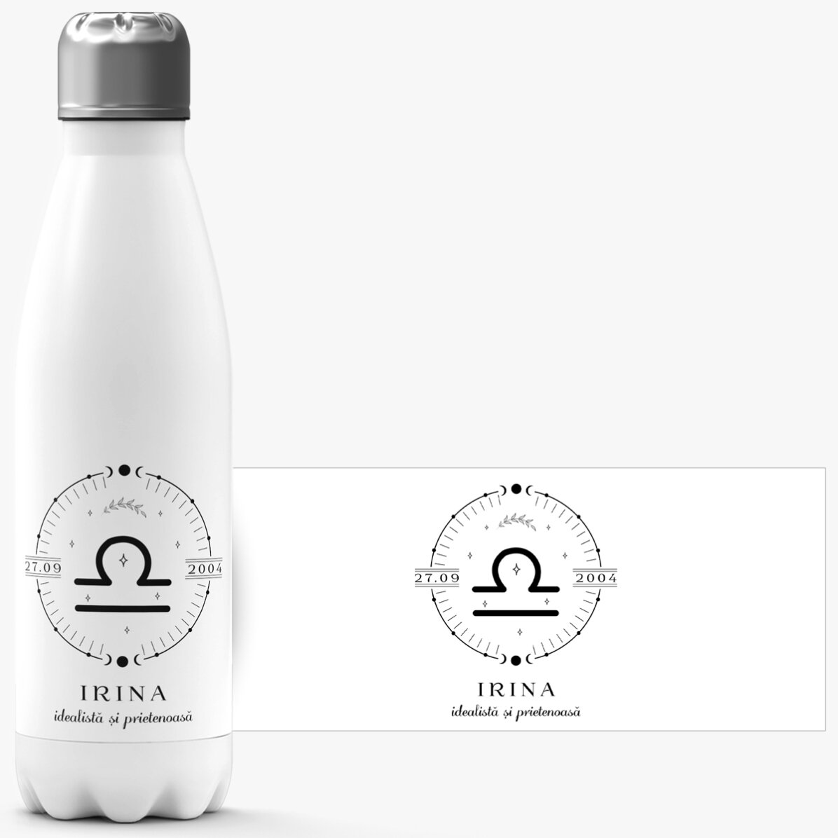 Termos cu bază albă personalizat cu text și zodia Balanță