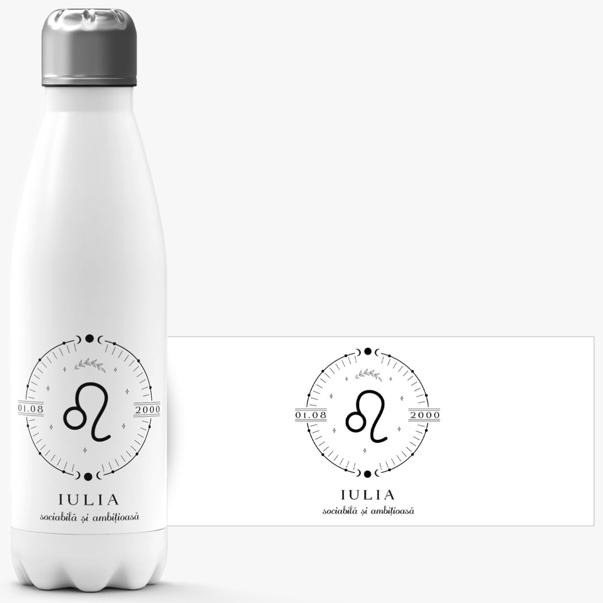 Termos cu bază albă personalizat cu text și zodia Leu