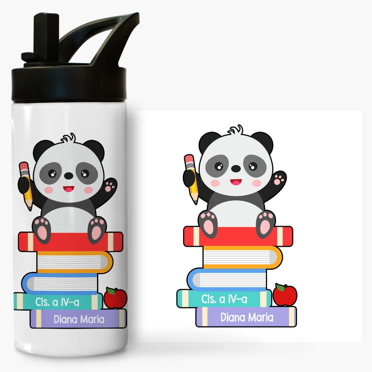 Termos cu mâner și pai personalizat cu mesaj - Cute Panda