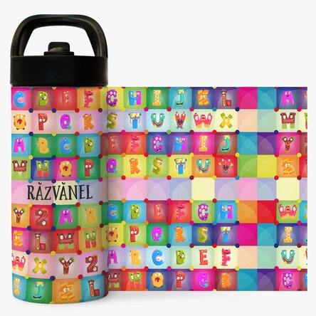 Termos cu mâner și pai personalizat cu nume - Alfabet
