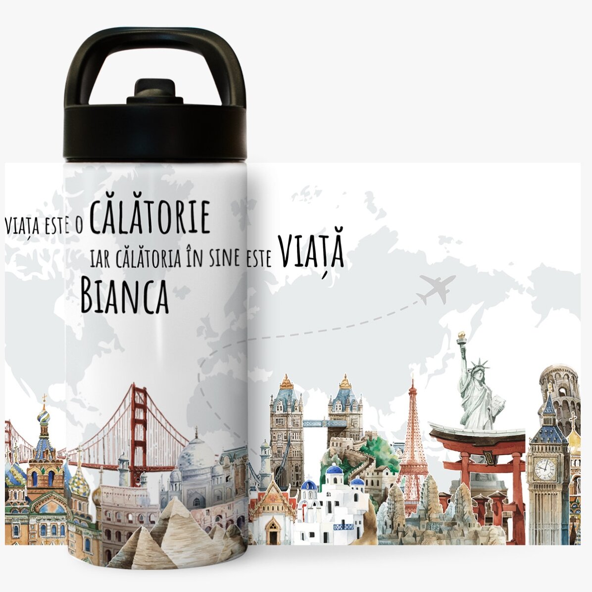 Termos cu mâner și pai personalizat cu nume - Călătoria este viață