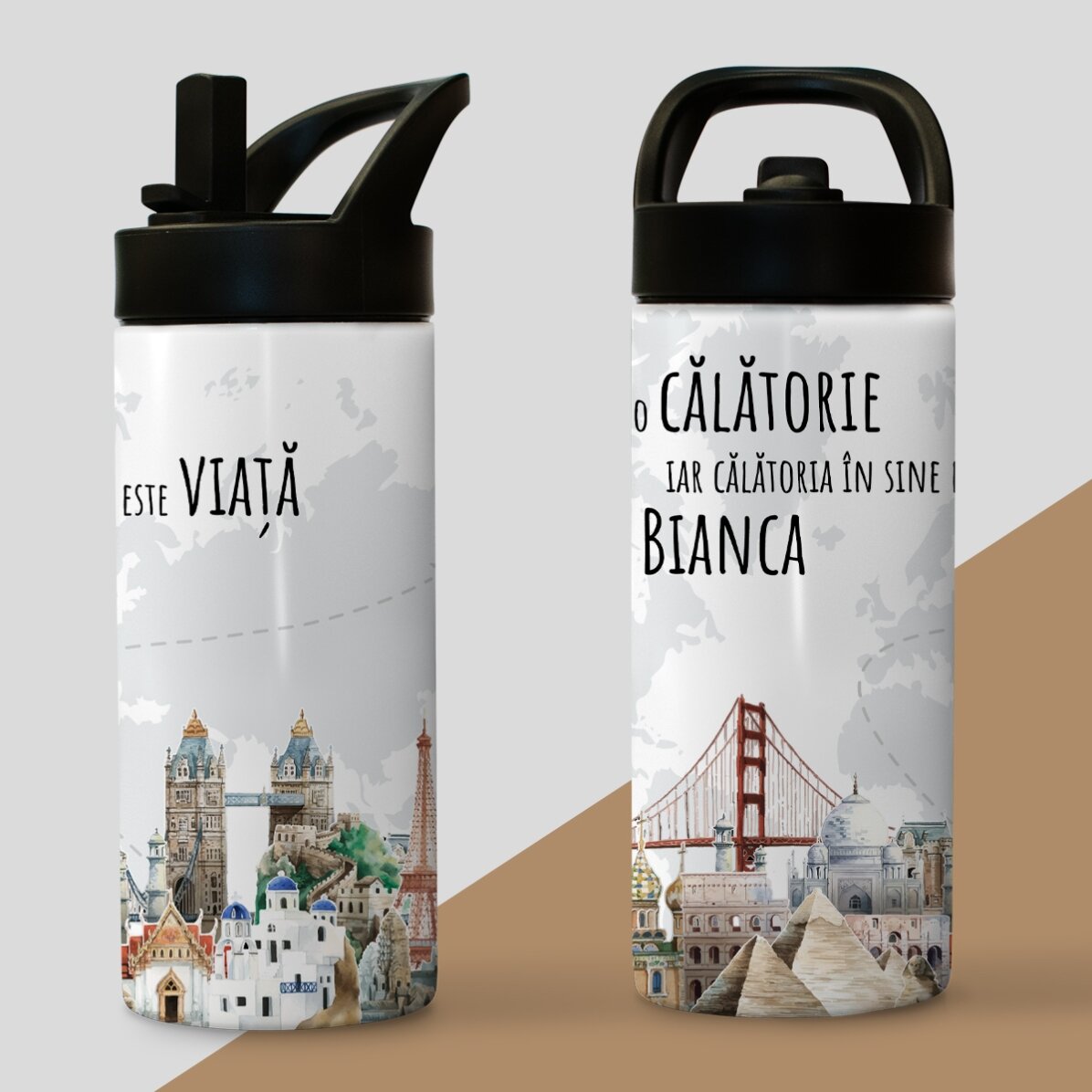 Termos cu mâner și pai personalizat cu nume - Călătoria este viață